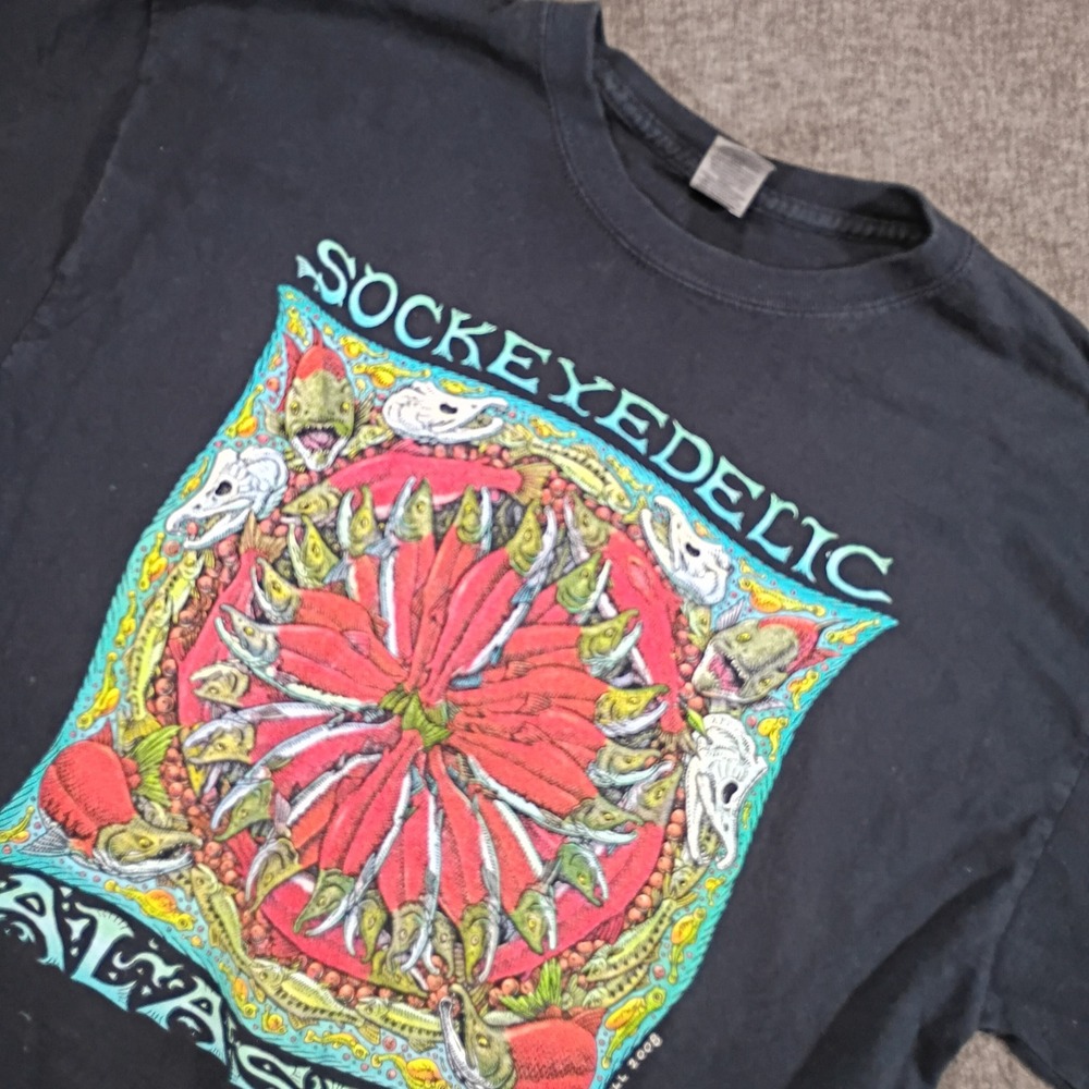 Sockeyedelic Ray Troll Alaska T-Shirt Gildan Mens Large Black Graphic Fishing
